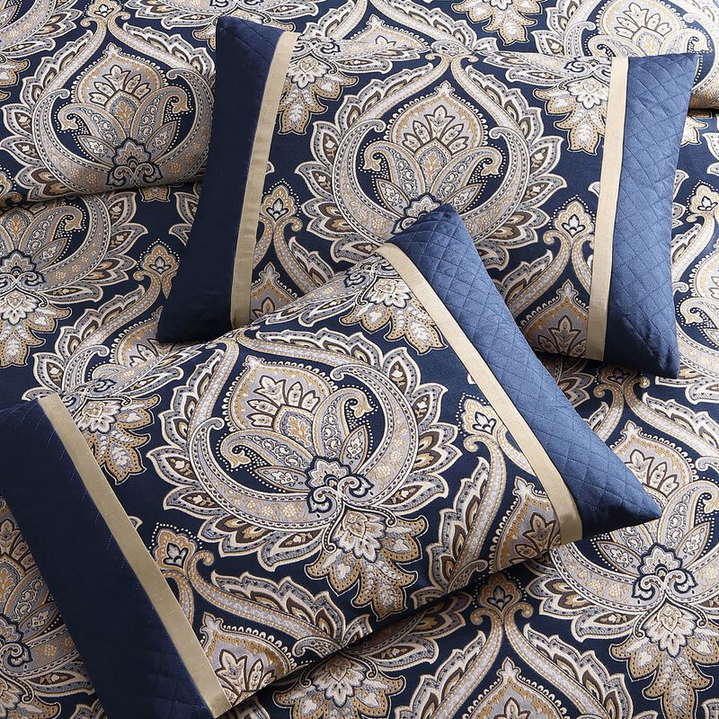 Nova 10 Piece Polyester King Comforter Set, Gold Damask Print, Navy Blue - Benzara