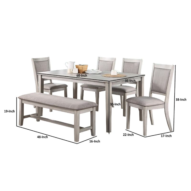 Modern 6 Piece Dining Set with Table, 4 Chairs and Bench, Plush Seats, Gray - Benzara