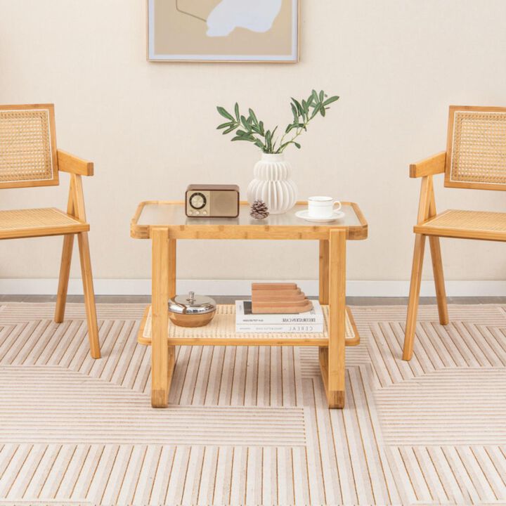 Hivvago 2-tier Bamboo Side Table with Glass Top-Natural