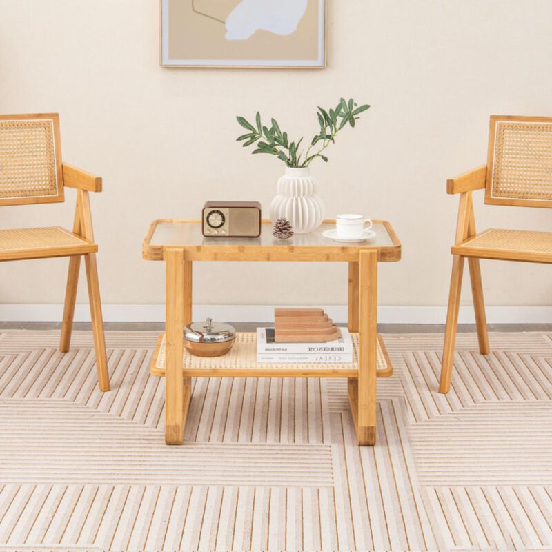 Hivvago 2-tier Bamboo Side Table with Glass Top-Natural