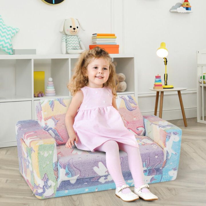 Hivvago 2-in-1 Flip Out Kids Sofa Chair with Detachable Flannel Fabric Cover and Glowing Patterns-Color