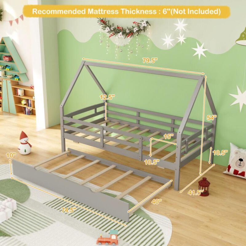 Hivvago Twin House Bed with Trundle and Fence Rail