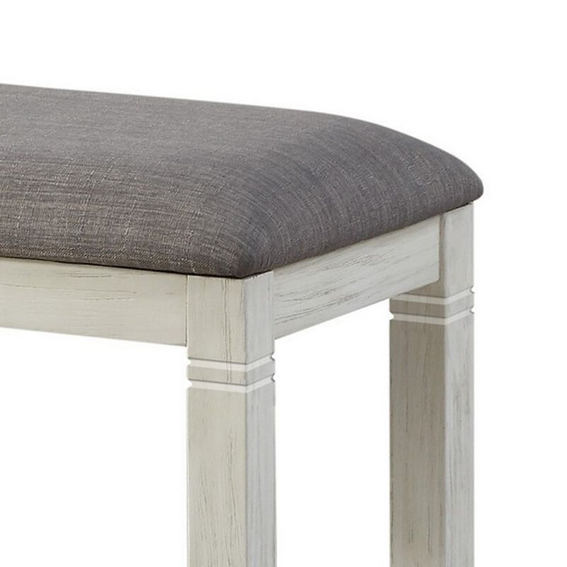 Fabric Upholstered Padded Bench with Tapered Feet, Antique White and Gray-Benzara