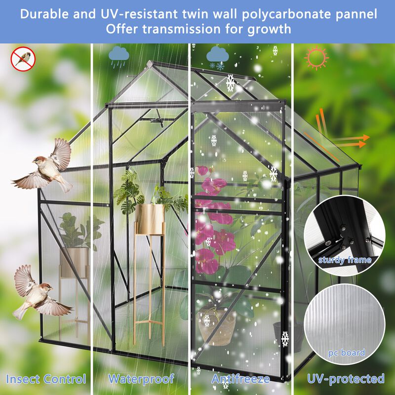 MONDAWE 6X6 FT Polycarbonate Greenhouse Raised Base and Anchor Aluminum Heavy Duty Walk-in Greenhouses for Outdoor Backyard in Black
