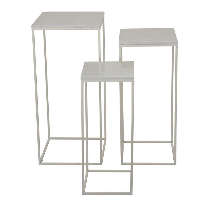 Plant Stand Table Set of 3, White Marble, Metal Frames, Square Tops - Benzara