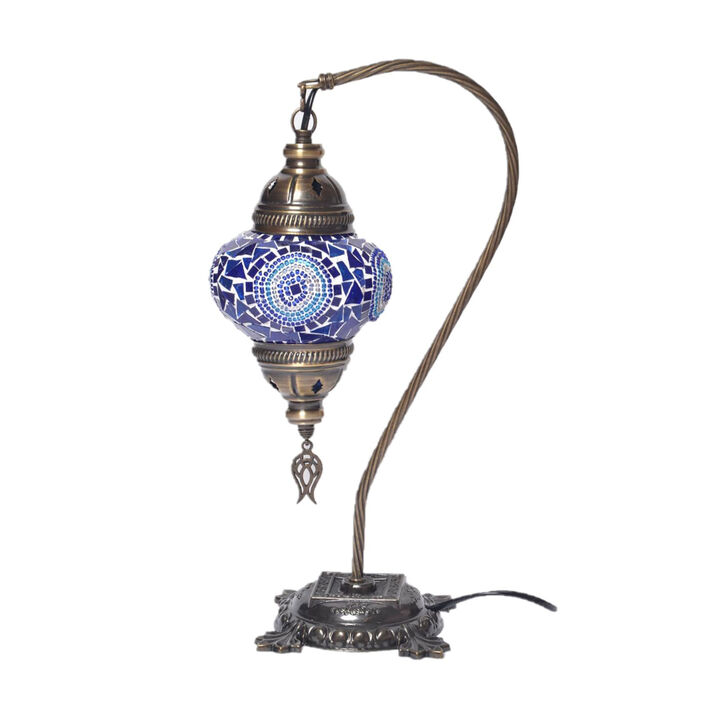 18 in. Handmade Azure Neck Brown Mosaic Glass Table Lamp with Brass Color Metal Base