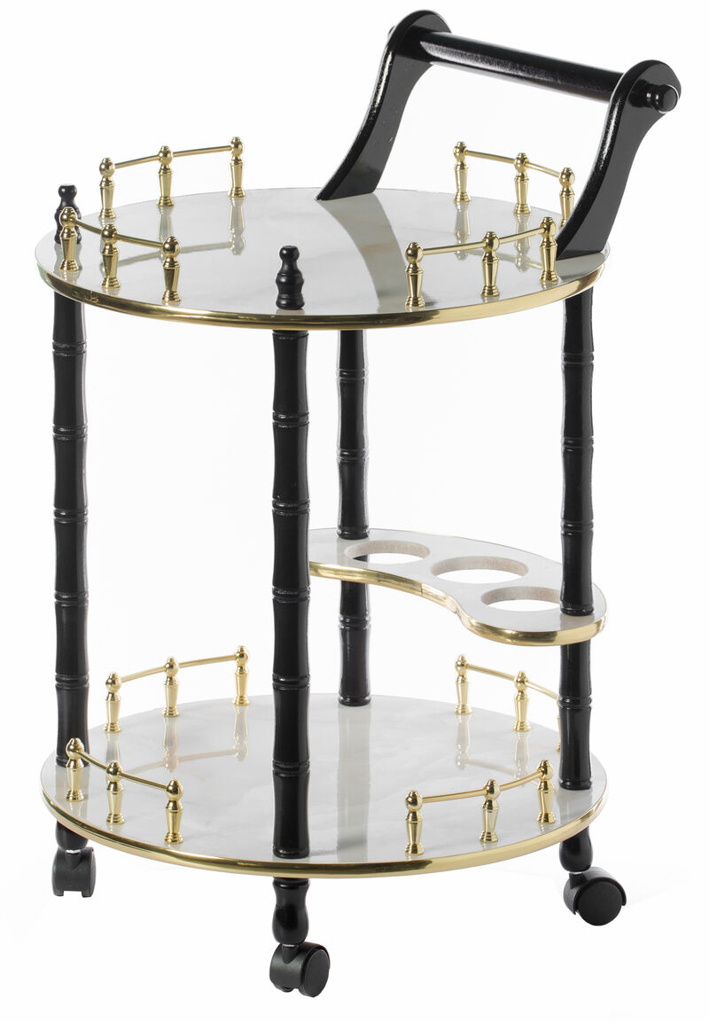Round Wood Serving Bar Cart Tea Trolley with 2 Tier Shelves and Rolling Wheels, Silver, White and Gray