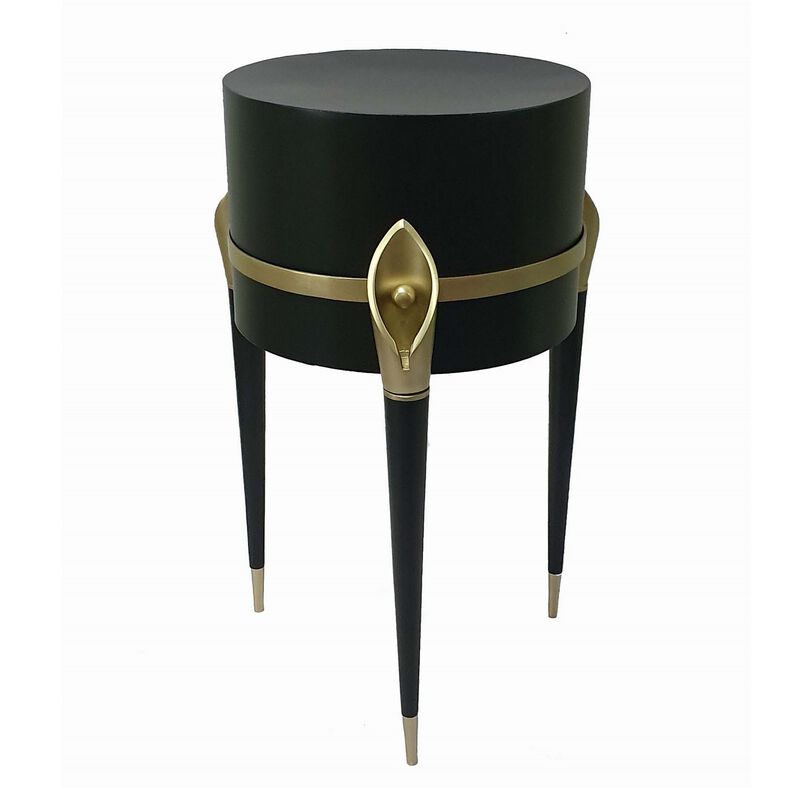 22 Inch Planter on Stand, Lily Design, Modern, Iron Legs, Brass, Black-Benzara