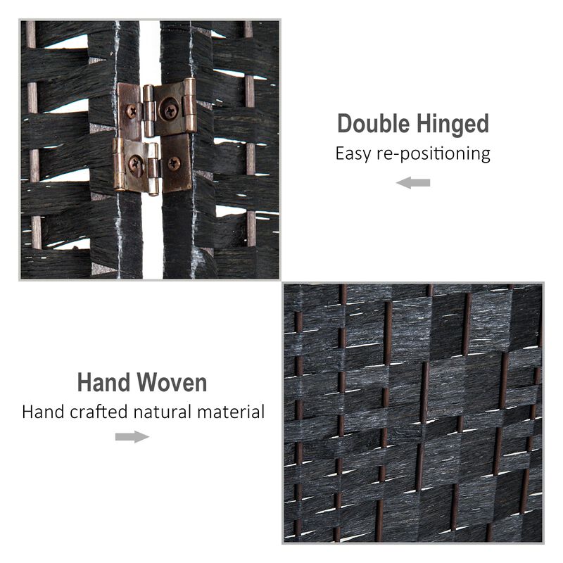 Black Room Divider: 6' Tall Wicker Weave 4-Panel Wall Divider