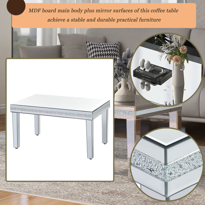 Modern Glass Mirrored Coffee Table with Crystal Design & Height-Adjustable Legs
