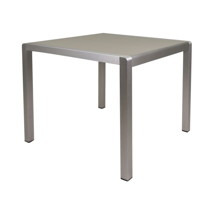 Kimi Outdoor Dining Table, Dark Gray Glass Top, Metal Frame, Square 35 Inch - Benzara