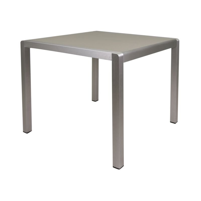 Kimi Outdoor Dining Table, Dark Gray Glass Top, Metal Frame, Square 35 Inch - Benzara