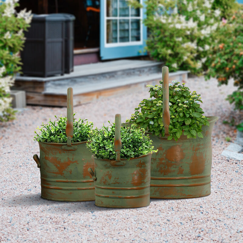Tinged Metal Bucket Planter With Handles, Patina Rust Finish, Green, Set of 3-Benzara