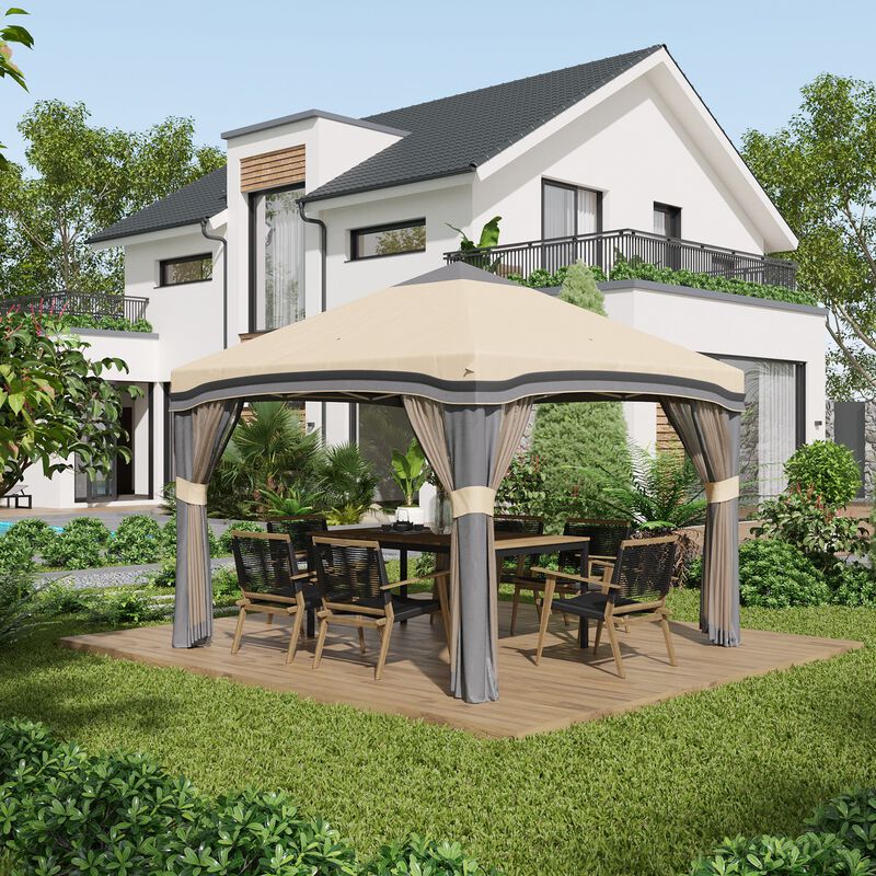 Beige Outdoor Shelter: 10x10 Pop Up Canopy with Netting & Accessories
