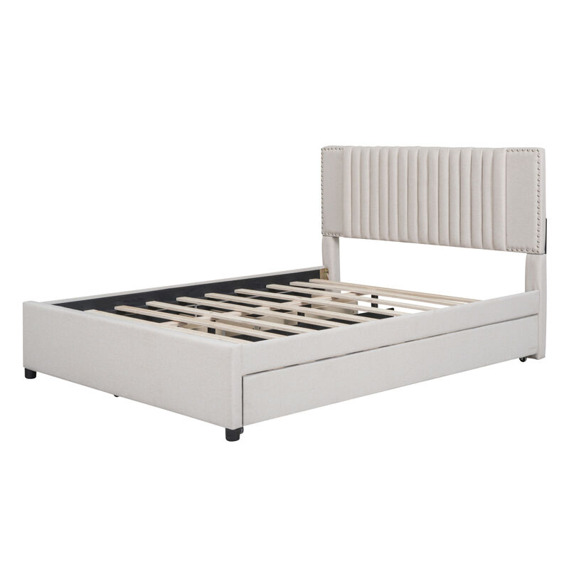 Queen Size Upholstered Platform Bed With 2 Drawers And 1 Twin XL Trundle, Classic Headboard Design