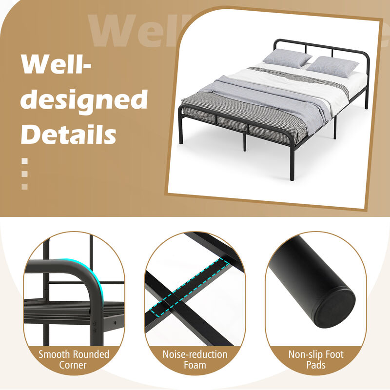 Full Bed Frame with Headboard and Footboard No Box Spring Needed-Black