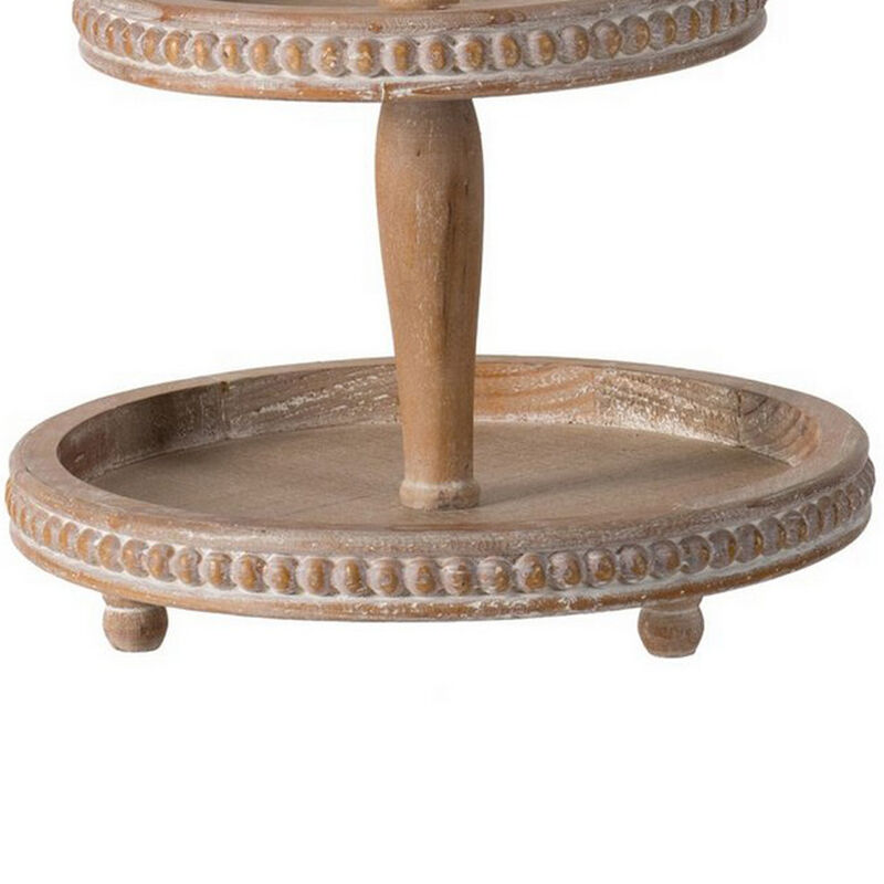 Mike 17 Inch 2 Tier Round Serving Tray, Handle, Beaded Trim, Brown Wood - Benzara