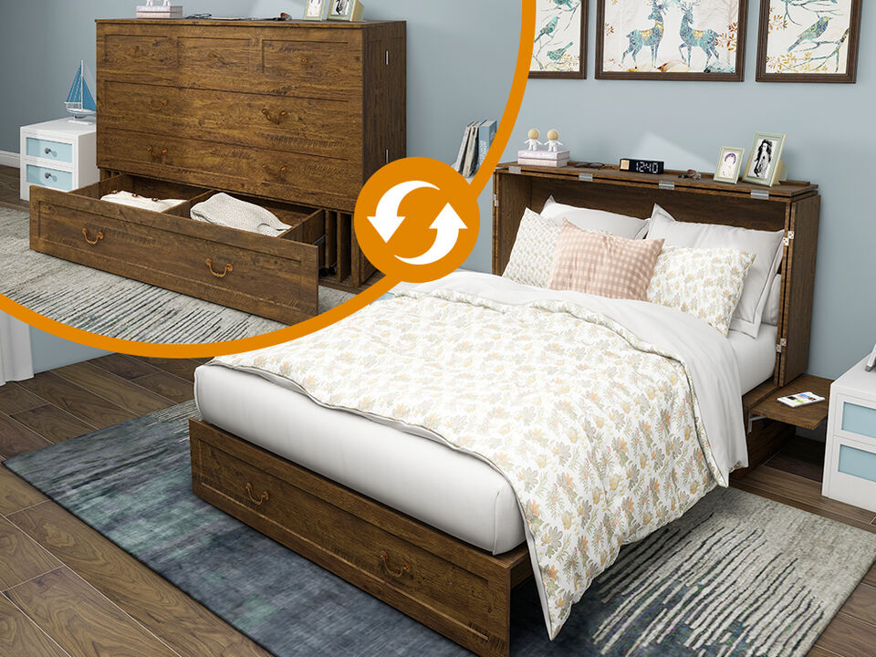 Murphy Bed Cabinet, Murphy Bed Queen with USB and Charging Ports, Murphy Bed Cabinet with Drawer,Reddish-Brown Cabinet Bed