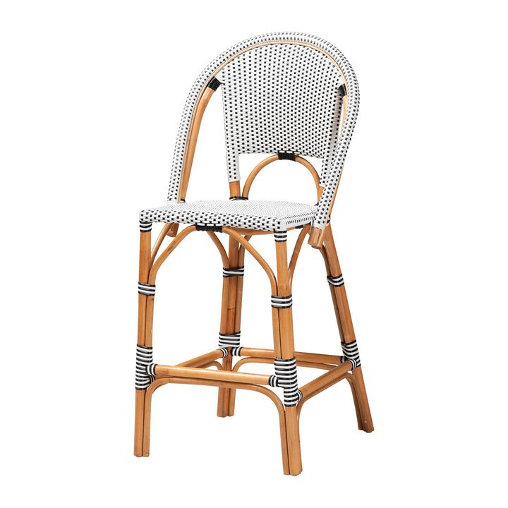 bali & pari Genica Classic French Two Tone Black and White Weaving and Natural Rattan Bar Stool