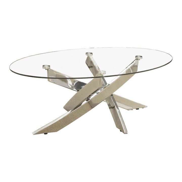 Oval Shape Glass Top Coffee Table with Criss Cross Base, Silver and Clear-Benzara
