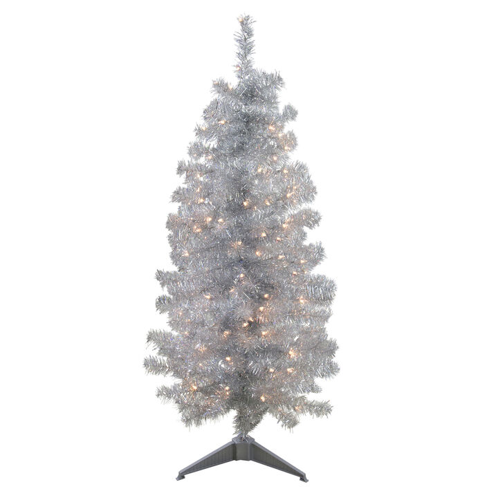4' Pre-Lit Slim Silver Artificial Tinsel Christmas Tree - Clear Lights