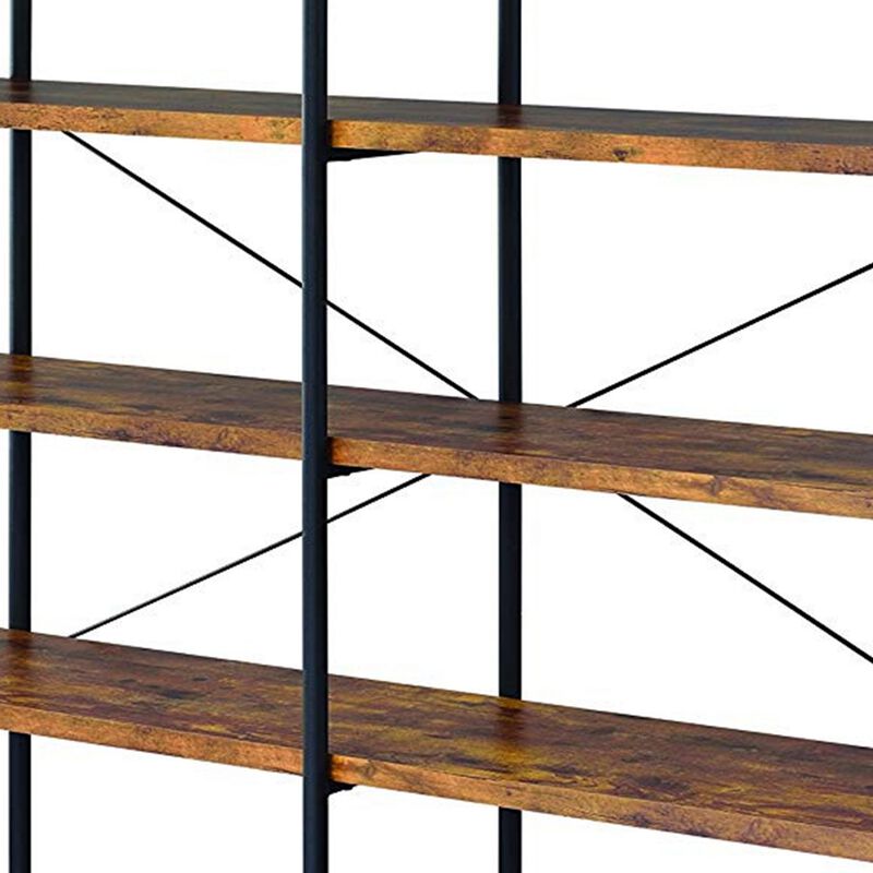 63 Inch Industrial 4 Tier Shelf Bookshelf, Particleboard, Metal Frame, Brown, Black-Benzara