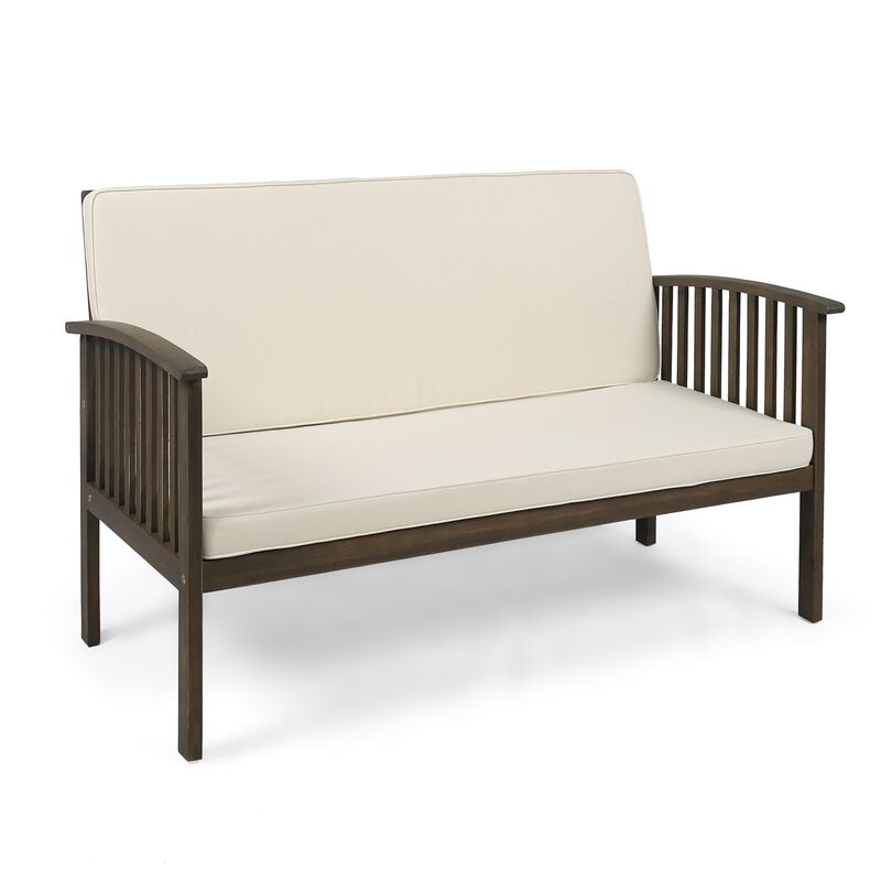 Gerry Outdoor Loveseat, Slat Panel Design, 53 Inch, Ivory Cushions - Benzara