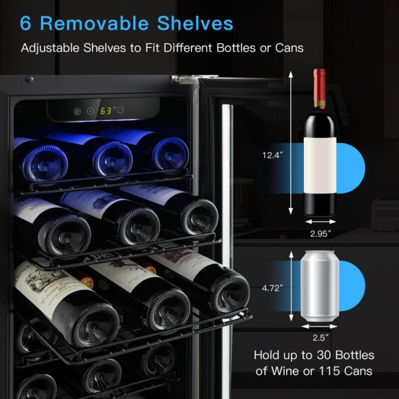 Costway 15 Inch 30-Bottle Stainless Steel Wine Cooler with Temperature Memory