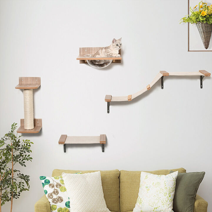 Beige Cat Playground: 4-Piece Wall-Mounted Activity Set with Hammock