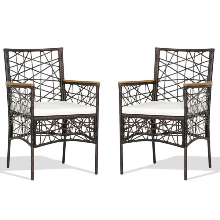 2 Pieces PE Wicker Patio Bistro Dining Chairs with Acacia Wood Armrests and Cushions