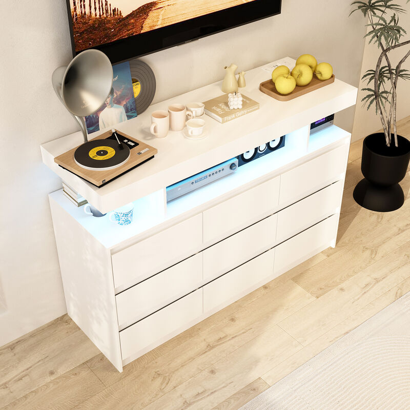 FUFU&GAGA White TV Stand with Drawers and Open Shelving, (47.2" W x 15.7" D x 32.3" H),White
