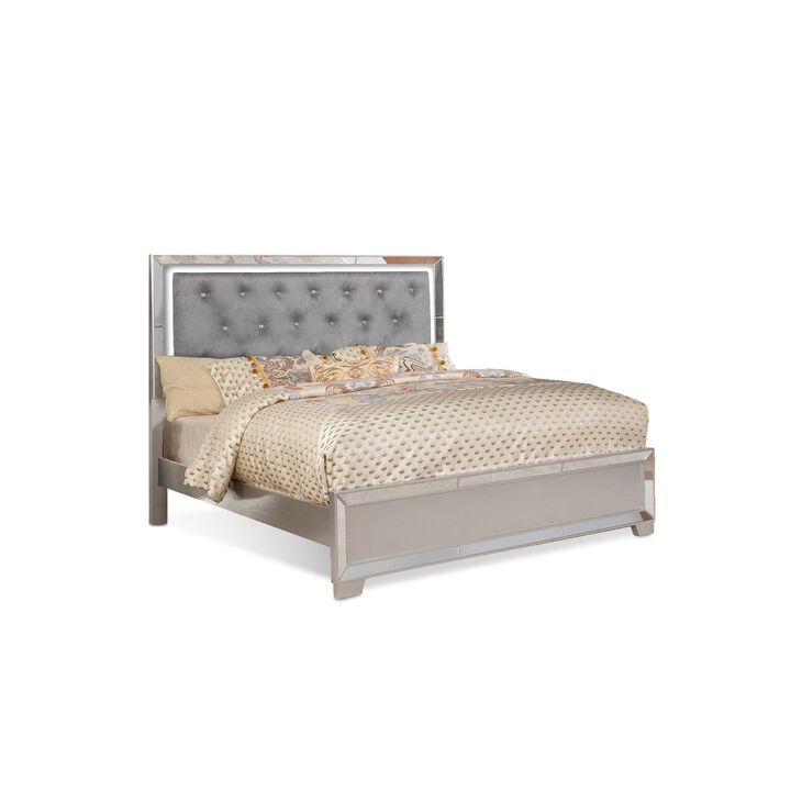 Eli Crystal Tufted Queen Bed, LED, Mirror Inlays, Wood, Gray Velvet, Silver-Benzara