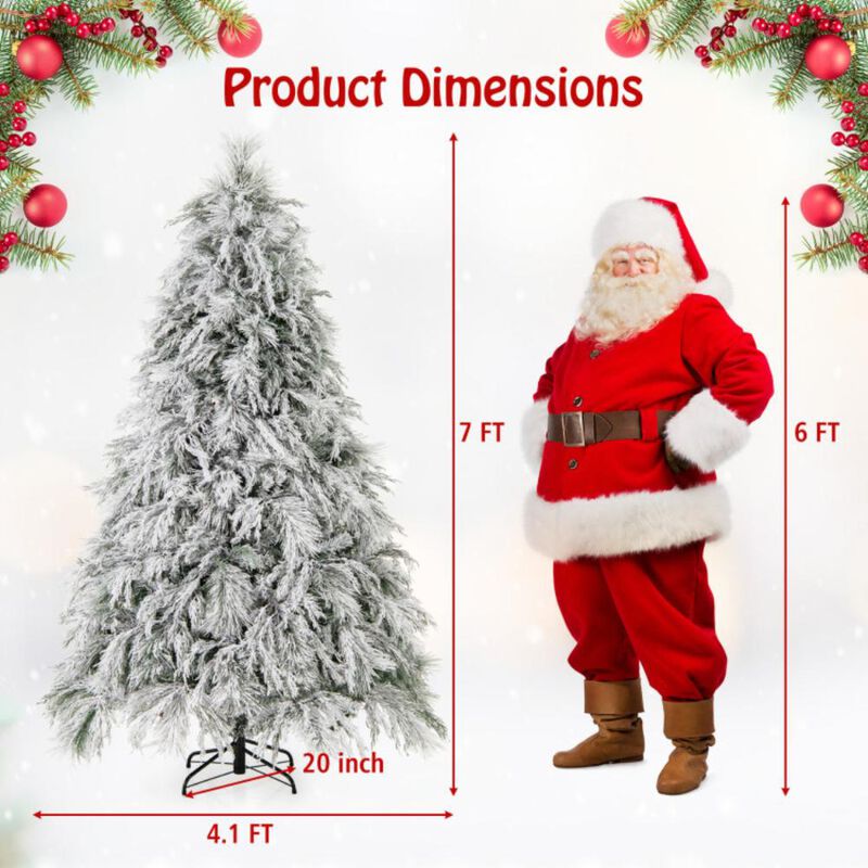 Hivvago 4.5/6/7 Feet Pre-Lit Snow Flocked Christmas Tree with Warm White LED Lights