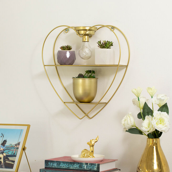Vintiquewise Heart-Shaped 2-Tier Floating Metal Wall Shelf with Overhead Light Bulb – Decorative Wall-Mounted Shelf for Bedroom, Living Room, Hallway, Bathroom, or Entryway Decor, Gold Finish