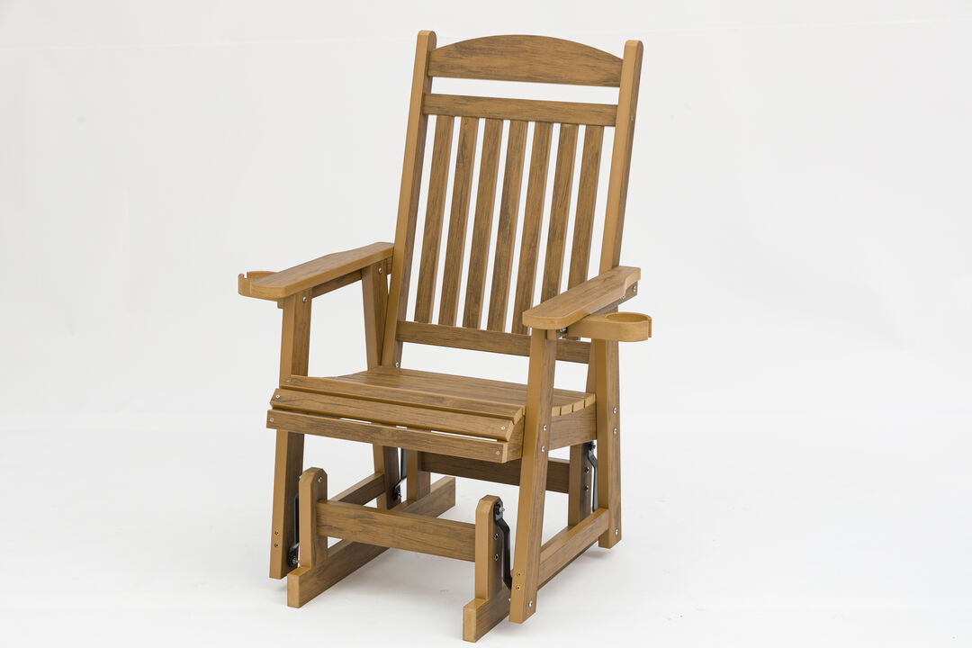 Poly Lumber Patio Glider for One Person, Ergonomic Deep Seat and High Backrest, with Removable Cup Holders, Wood-Like Pattern, Heavy Duty 700 LBS, for Outdoor Patio Garden Yard (Teak) Poly Lumber Patio Glider for One Person, Ergonomic Deep Seat and High Backrest, with Removable Cup Holders, Wood-Like Pattern, Heavy Duty 700 LBS, for Outdoor Patio Garden Yard