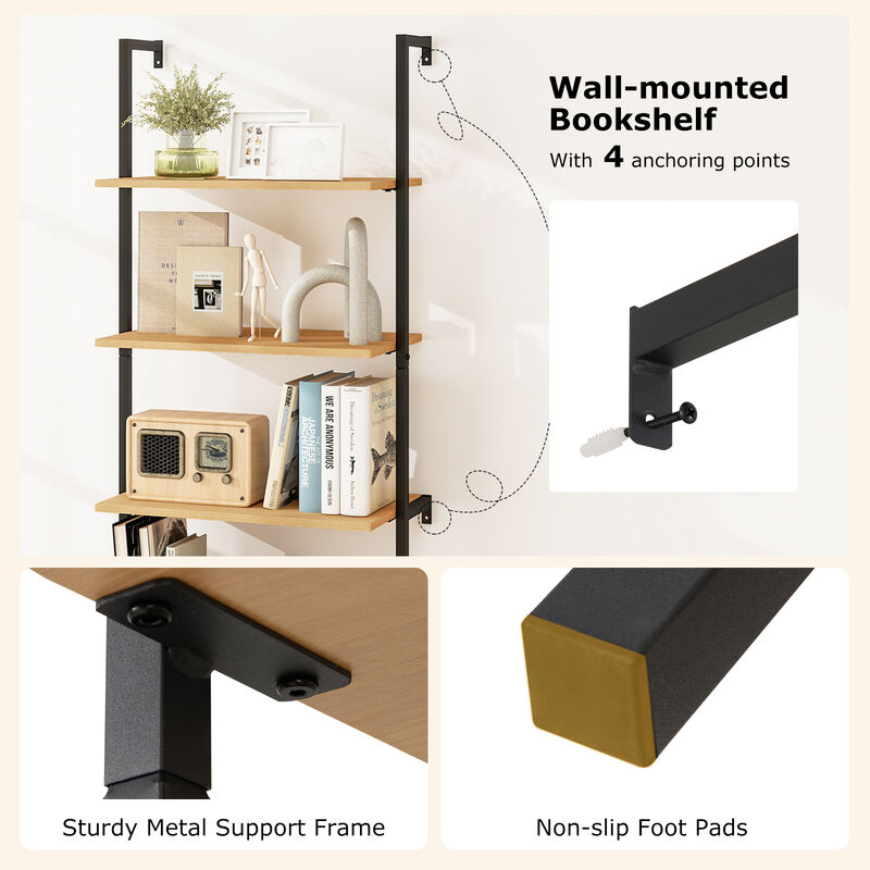 6-Tier Wall Mounted Ladder Bookshelf with Rattan Cabinet