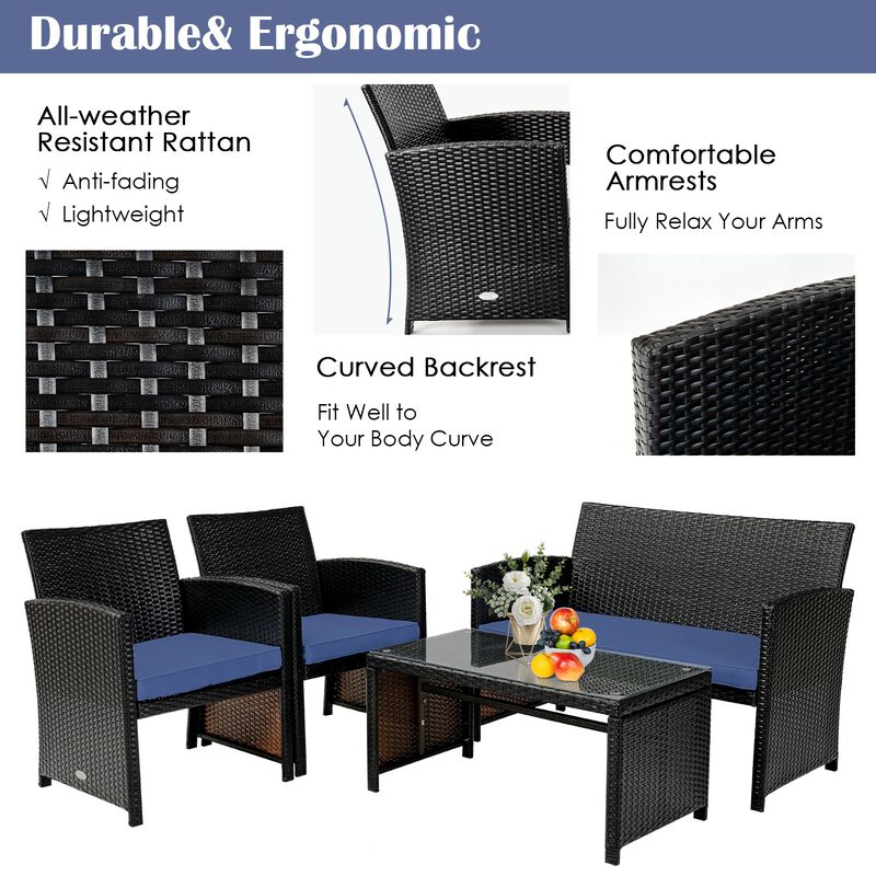 4Pcs Patio Rattan Cushioned Furniture Set