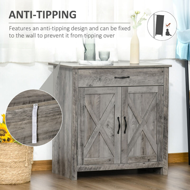 Gray Wash Farmhouse Buffet: 32" Sideboard with Barn Door Style