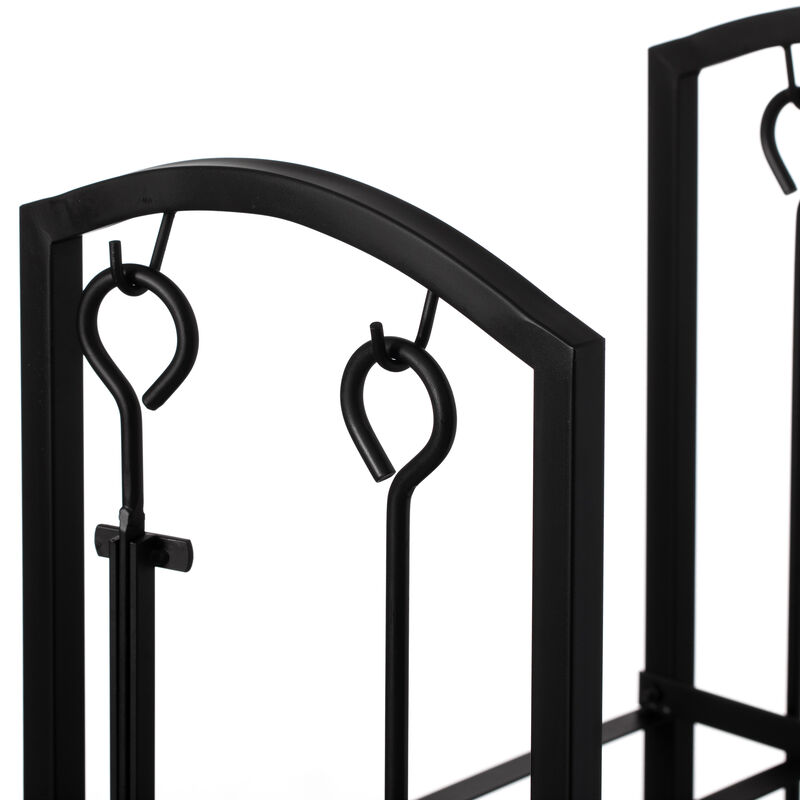 Indoor and Outdoor Patio Iron Firewood Log Cart with Fireplace Tool Rack, Black
