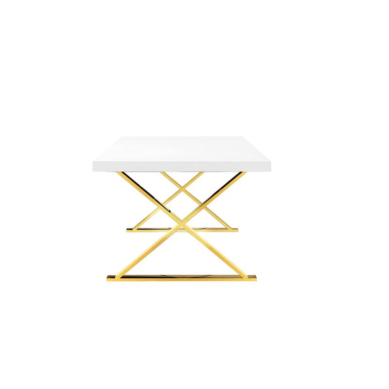 Rix 87 Inch Dining Table, Rectangular White Top, Gold Finished Metal Base - Benzara
