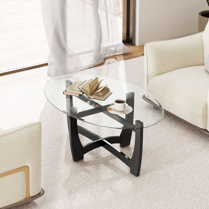 Oval Coffee Table with Tempered Glass Tabletop and Rubber Wood Legs