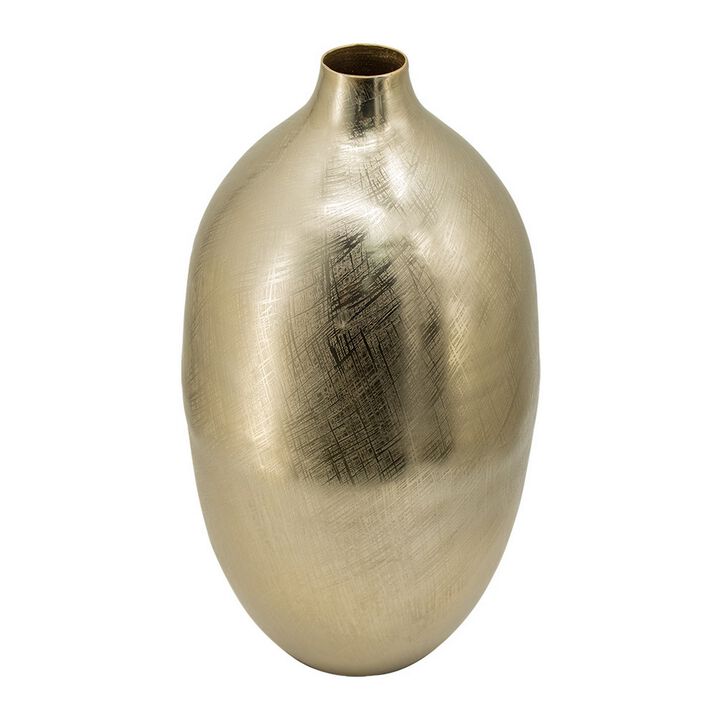 Pansy 19 Inch Modern Vase, Metal, Tall Curved Bottleneck Shape, Gold Finish - Benzara