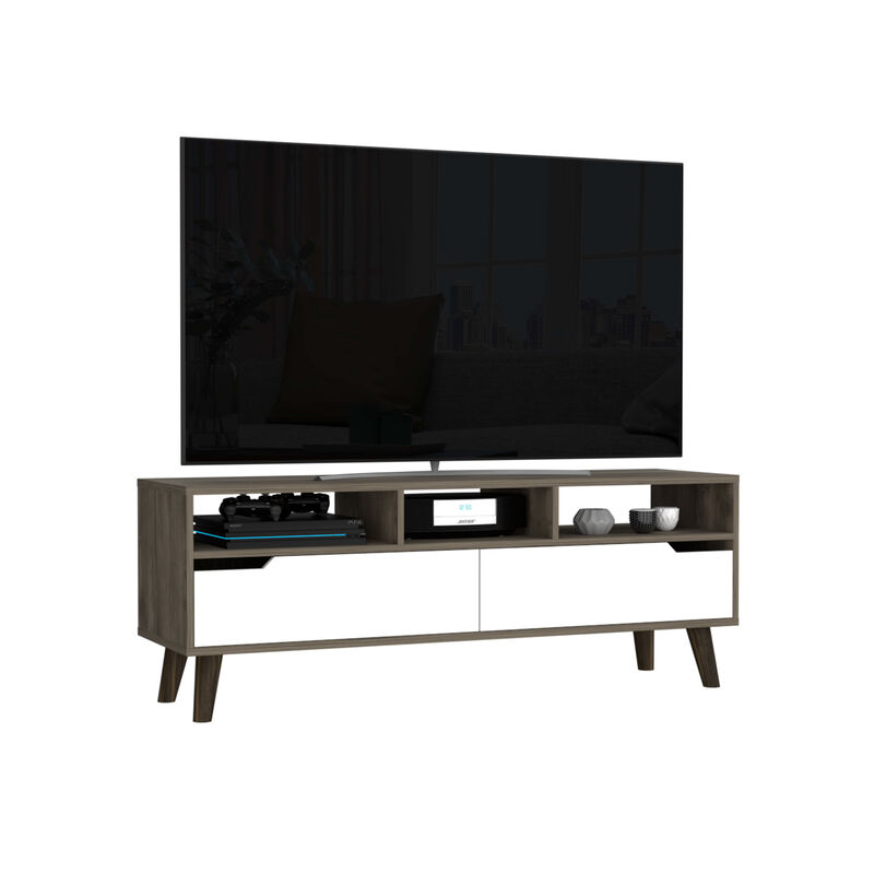 DEPOT E-SHOP Kobe Tv Stand for TV´s up 52", Three Open Shelves, Two Flexible Drawers, Dark Walnut / White