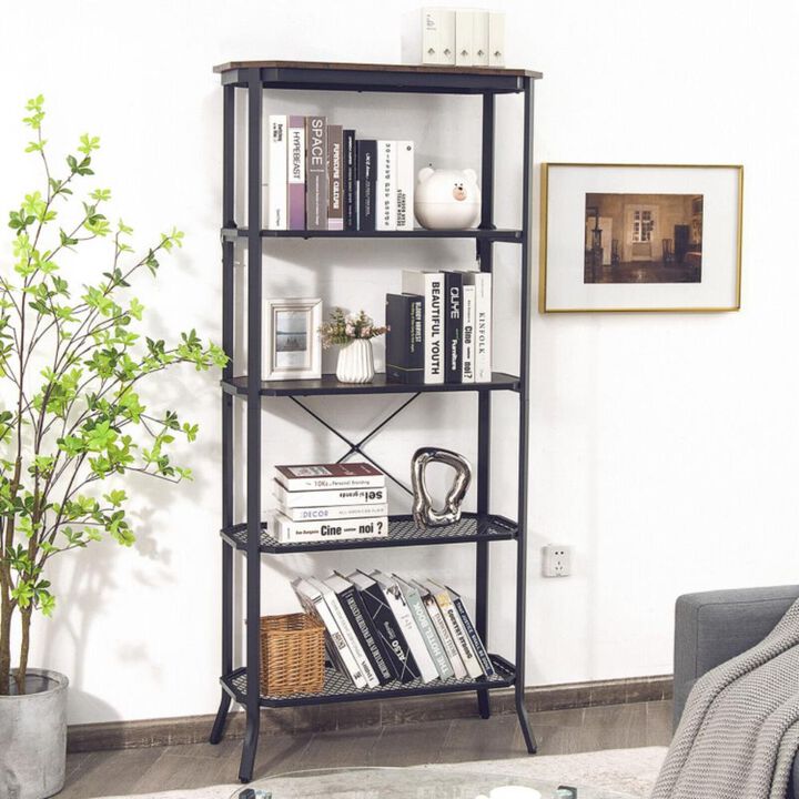 Hivvago Industrial 5-Layer Bookshelf with Out-Stretched Legs-Rustic Brown