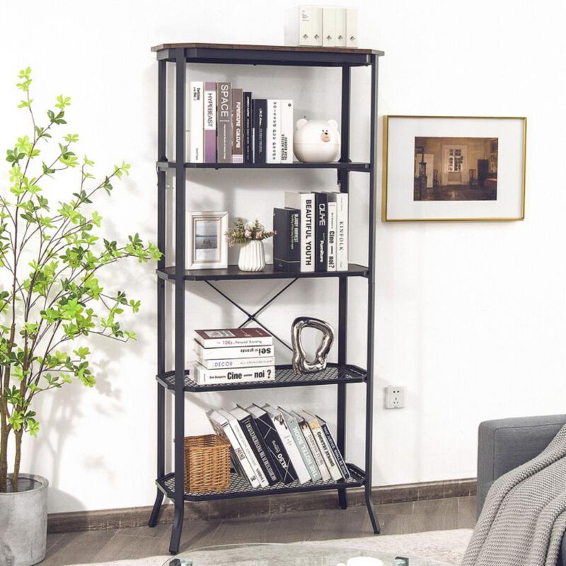 Hivvago Industrial 5-Layer Bookshelf with Out-Stretched Legs-Rustic Brown