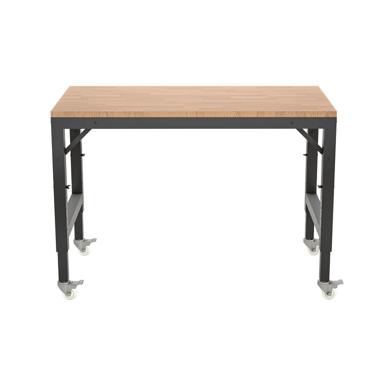Heavy-Duty Workbench with Lockable Wheels, Hardwood Table for Garage & Workshop