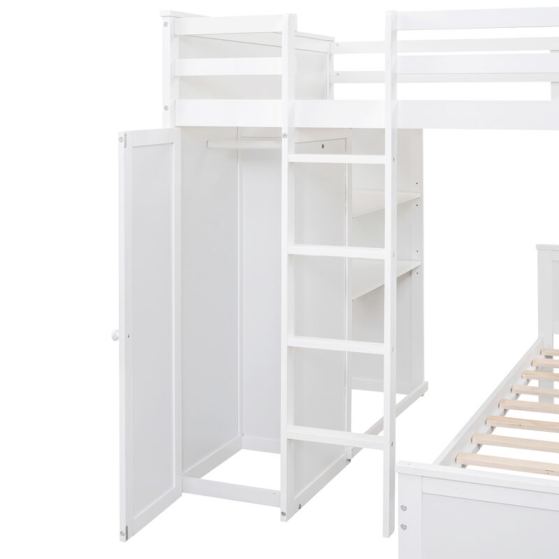 Merax Loft Bed with Storage Shelves and Wardrobe