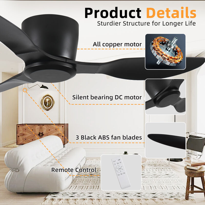 Modern Flush Mount Ceiling Fan, Silent 6-Speed DC Motor, No Light