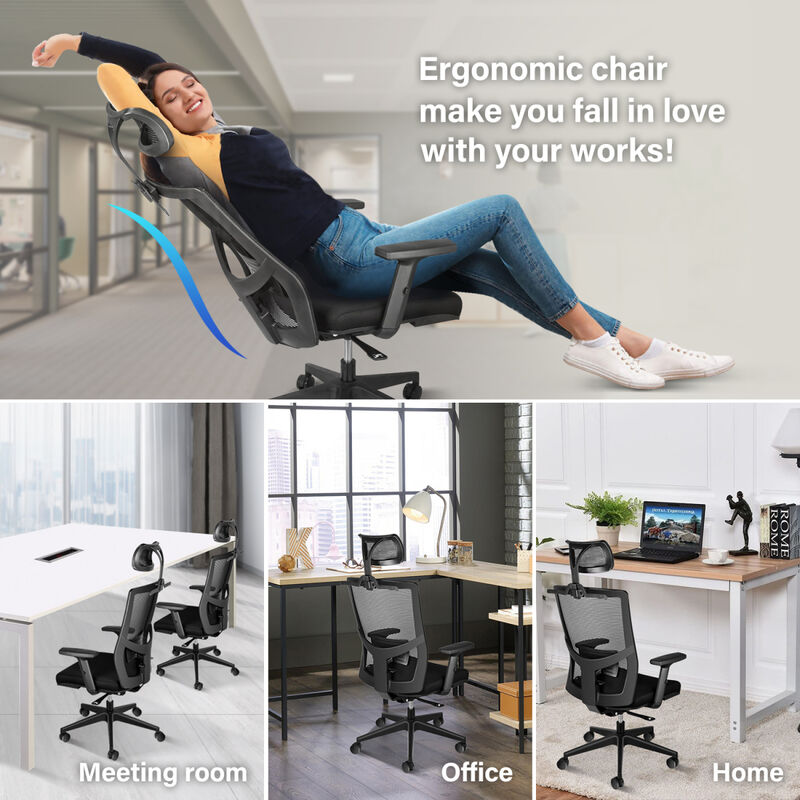 Office Ergonomic Mesh Computer Chair With Wheels & Arms & Lumbar Support, 02B, Black-Pro