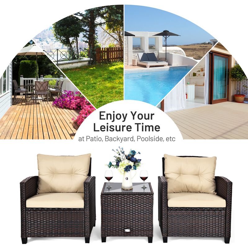 3 Pcs Patio Rattan Furniture Set Cushioned Conversation Set Coffee Table